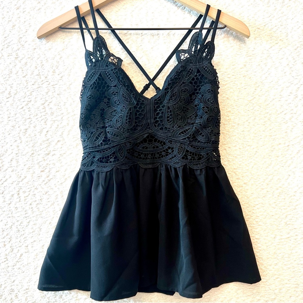 Scallop Black Lace Babydoll Tank Top Spaghetti Straps Adjustable Size Small